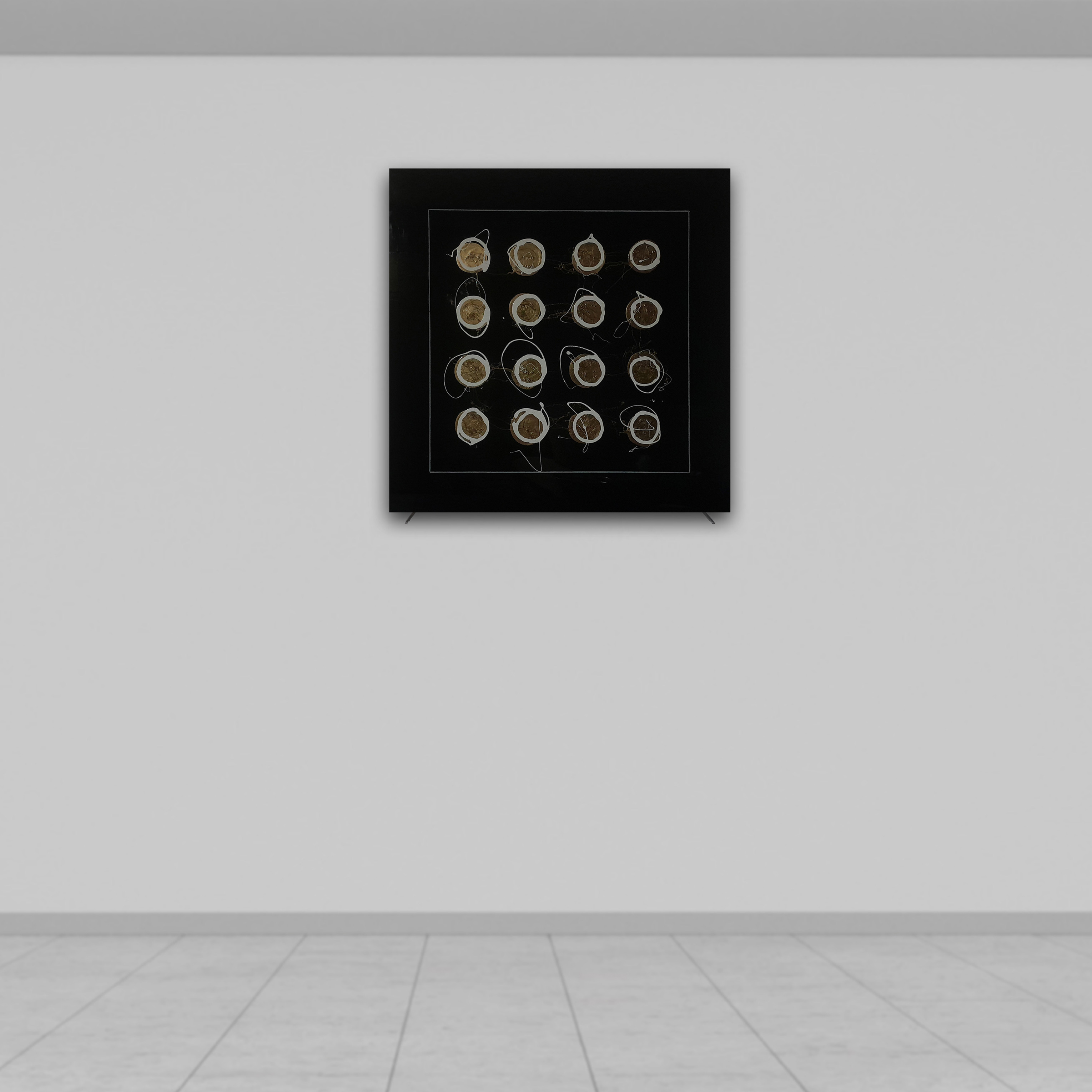 16 Golden dots over black glass