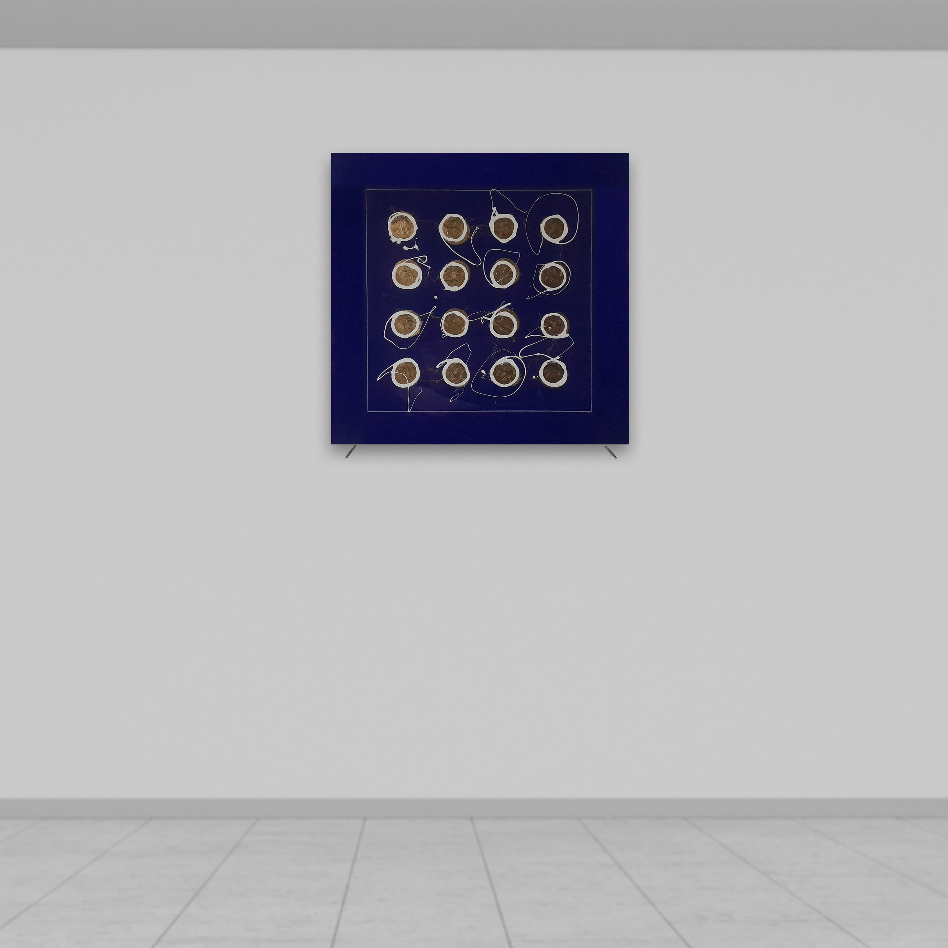 16 Golden dots over blue glass
