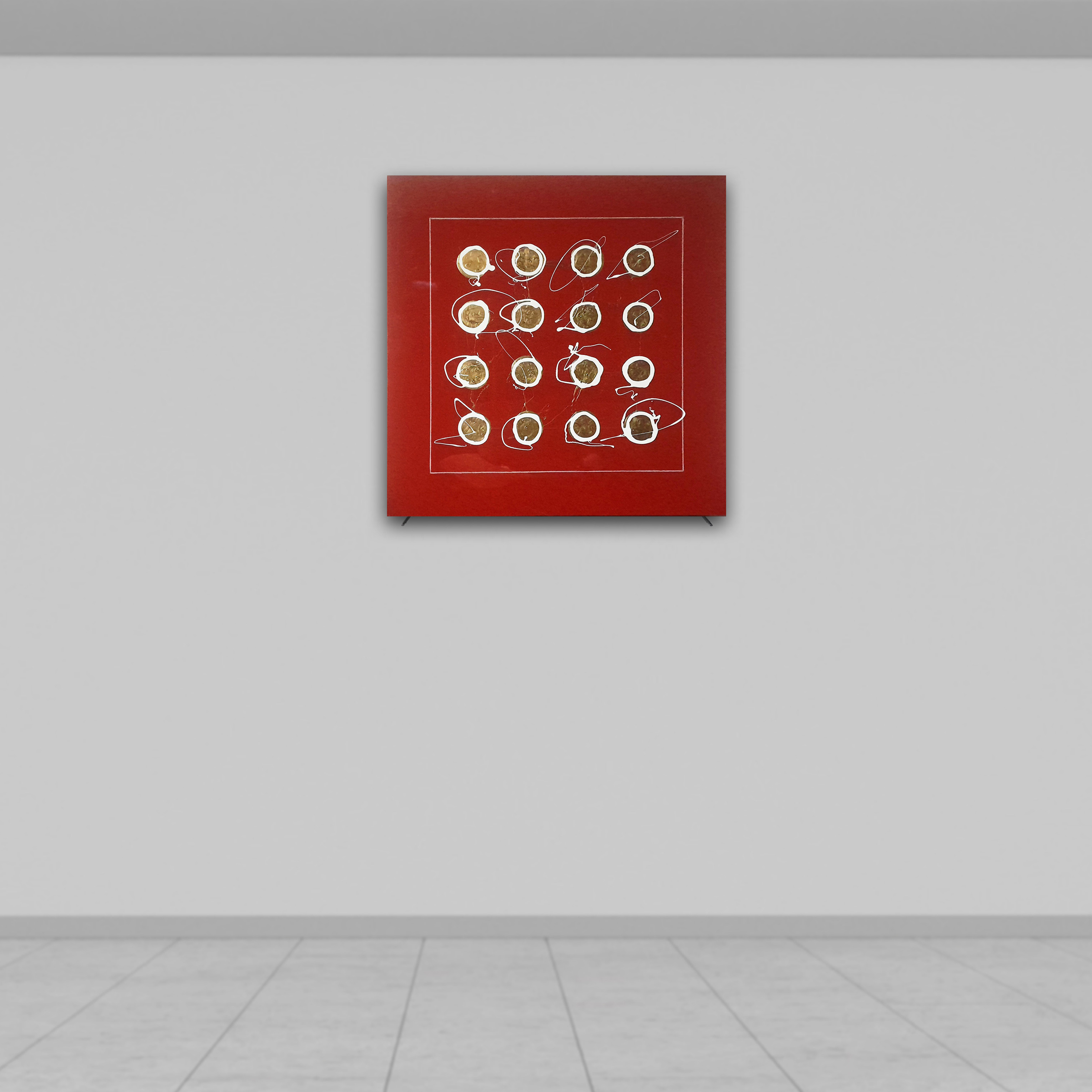 16 Golden dots over red glass